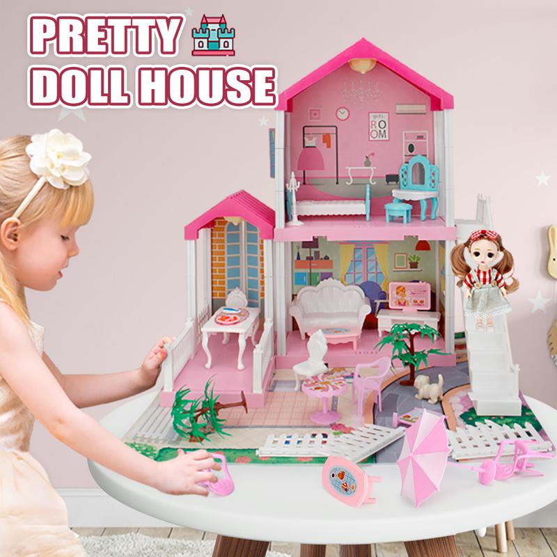 Dollhouse for Girls, Doll House with Lights, Play Mat and Dolls, DIY Building Pretend Play House with Accessories Furniture and Household Items,Playhouse for Girls 3-12 (3 Rooms)