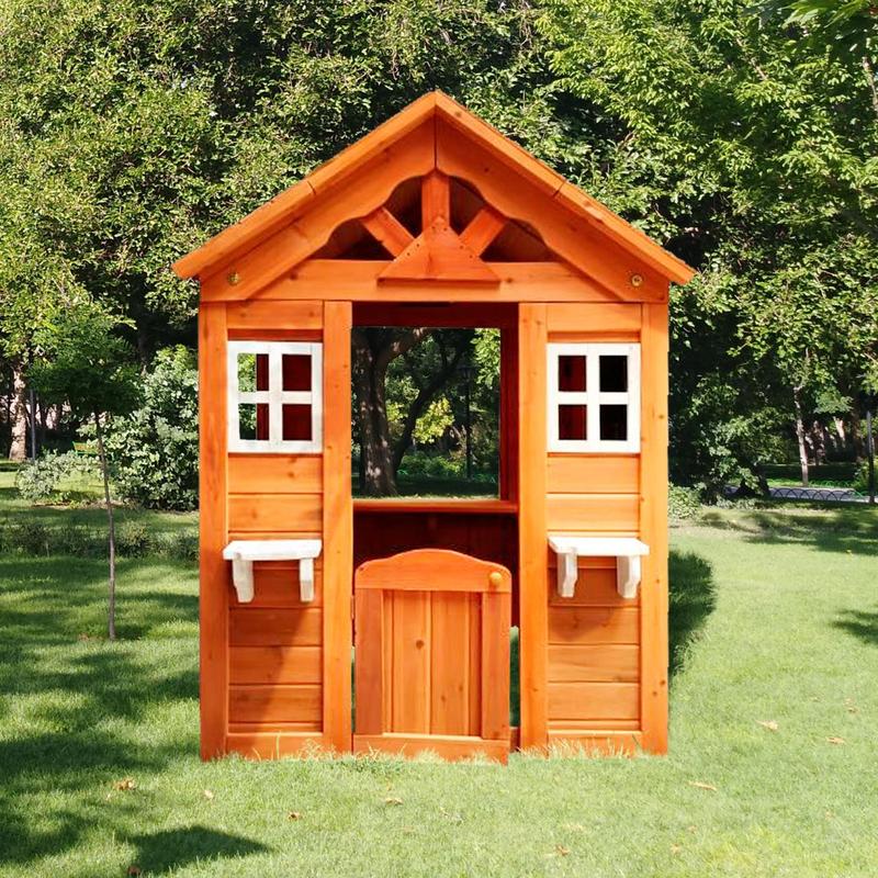 Outdoor Playhouse For Boys Girls Pretend Play Wooden Cottage Playhouse With Flowerpot Holder Window For Outdoor Garden Lawn Patio Yard (42