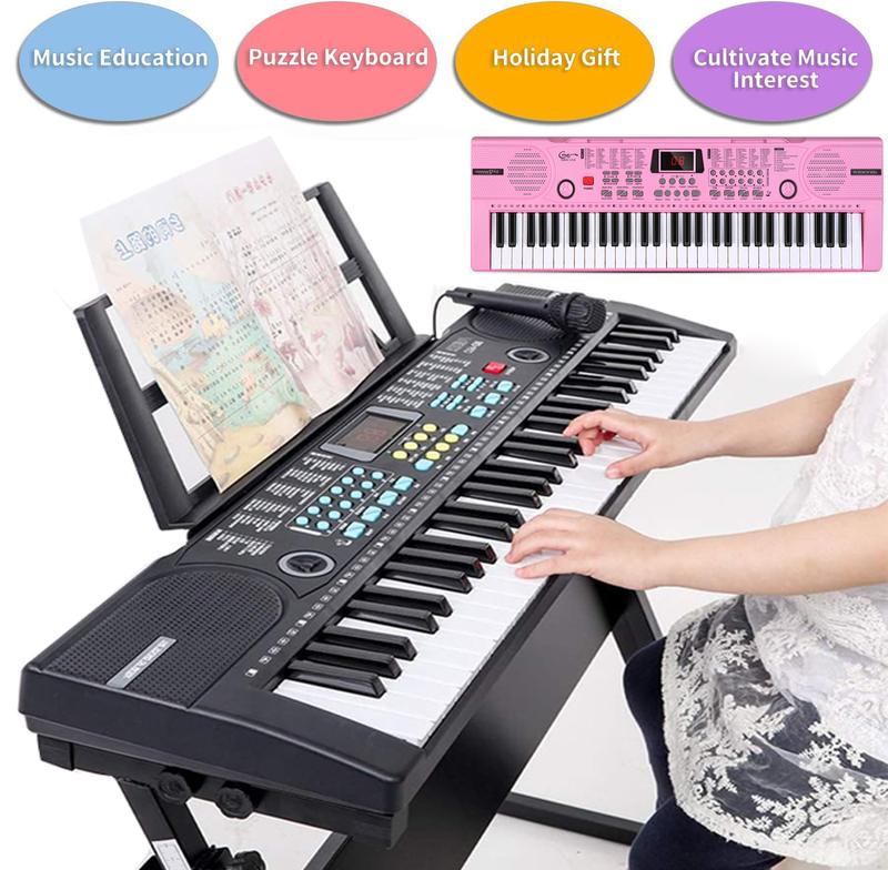 Kids Piano Keyboard, 61 Keys Beginner Electronic Keyboard Portable Digital Music Keyboard, Early Education Music Instrument with Stand & Microphone & Music Sheet Stand