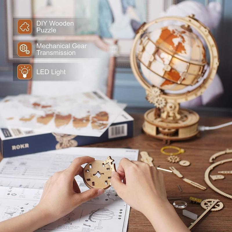 Robolife 3D Wooden Puzzles for Adults Illuminated Globe with Stand 180pcs 3D Puzzles Built-in LED Model Kit Hobby Gifts for Adults Teens Home Decor Best Choice for Birthday Gifts Christmas Gifts Halloween Gifts House Decoration Hobby Collection