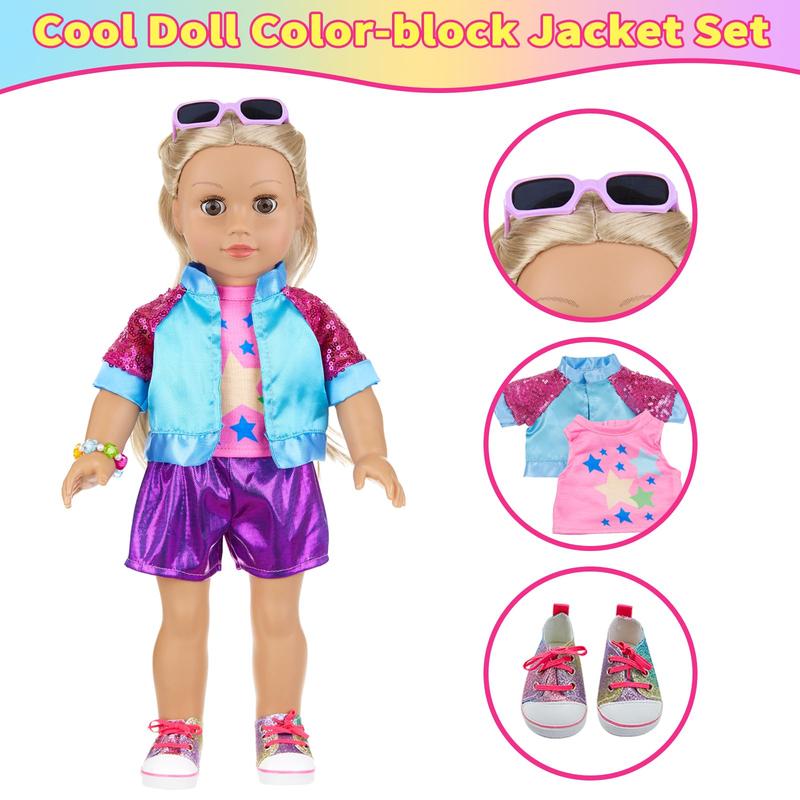 10 Pcs American 18 Inch Doll Accessories, 3-piece 18 Inch Doll Clothes Set with Doll Shoes, Hair Clip, Gradient Backpack, Bracelet, Sunglasses, Notebooks, Toy Tablet