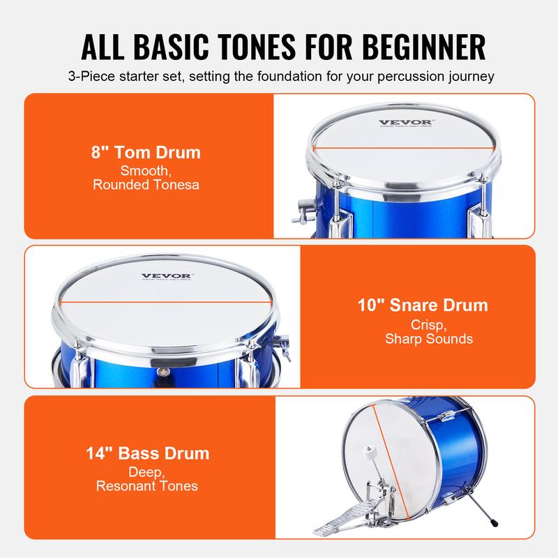 VEVOR Kids Drum Set, 3-Piece, 14 in Beginner Drum Set with Adjustable Throne Cymbal Pedal Two Pairs of Drumsticks, 8'' Tom Drum 10'' Snare Drum 14'' Bass Drum, Starter Drum Kit for Child Kids, Blue