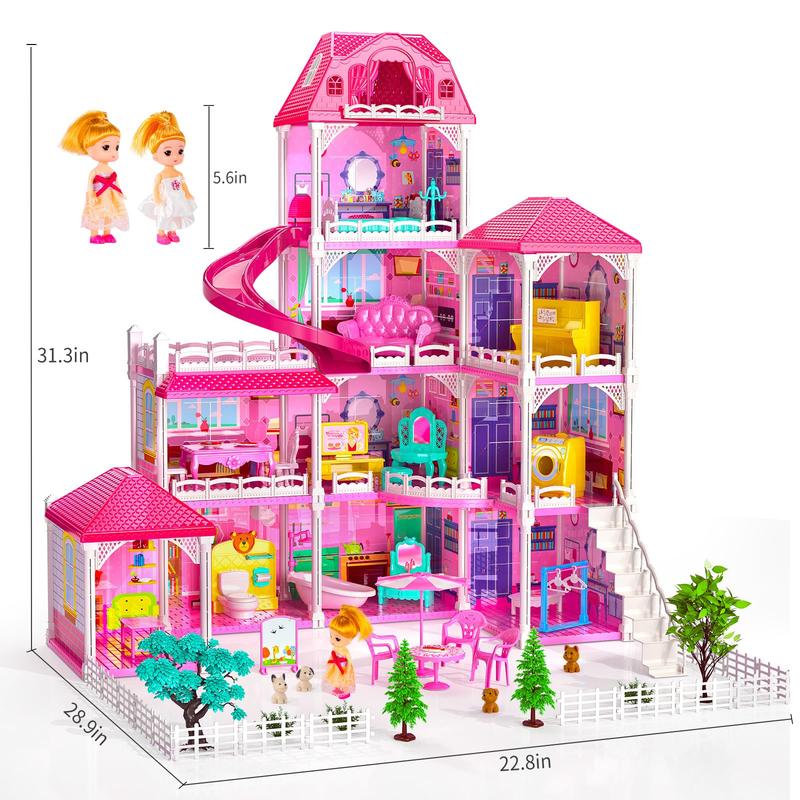 Luxury DollHouse Pink  Toys - 4 Stories 10 Rooms Dollhouse with 2 Dolls,Slide, Pretend Cottage Toy with Accessories