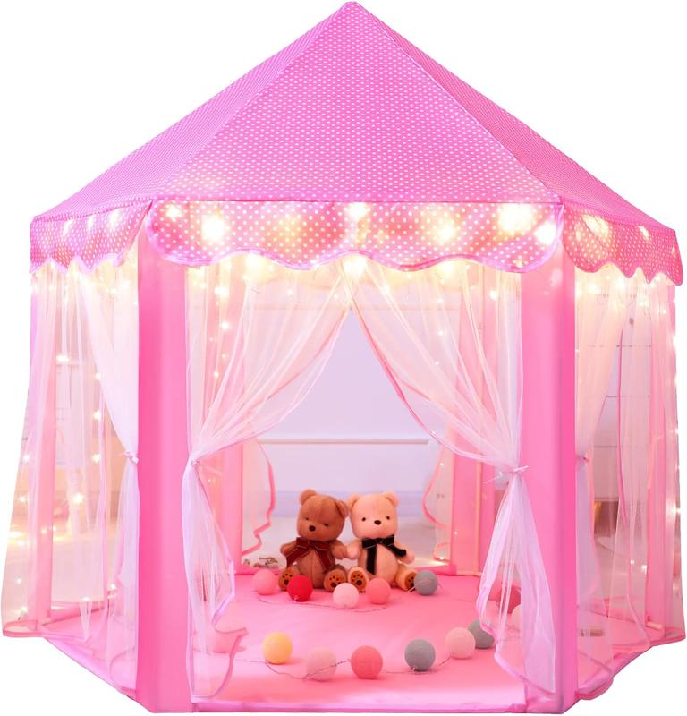 Pink Princess Castle Tent with Fairy Star Lights for Girls, Hexagon Playhouse for Kids Indoor Outdoor Games