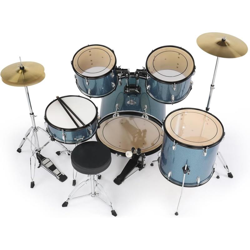 Ktaxon 5-Piece Adult Drum Set, 22 Inch Full-Size Drums Kit with Cymbal Stands, Hi-hat Stand, Sticks, Drum Pedal, Stool & Floor Tom for Beginner Teens Student, Star Blue