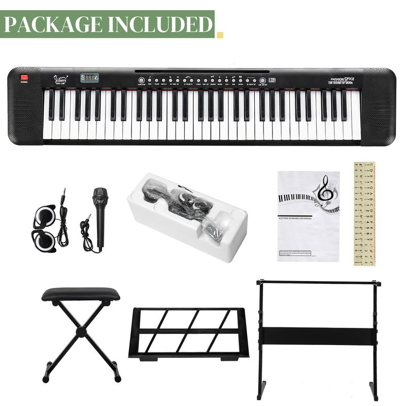 GEP-109 61 Key Lighting Keyboard with Piano Stand, Piano Bench, Built In Speakers, Headphone, Microphone, Music Rest, LED Screen, 3 Teaching Modes for Beginners