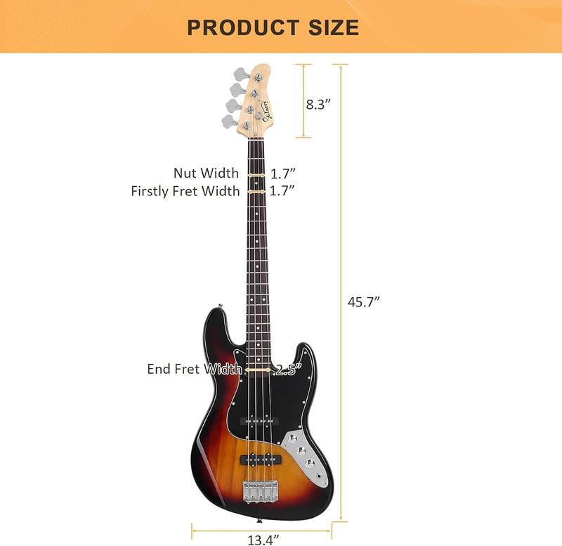 Glarry 4 String GJazz Electric Bass Guitar Full Size Right Handed with Guitar Bag, Amp Cord and Beginner Kits, GJ-Style, Sunset Gold