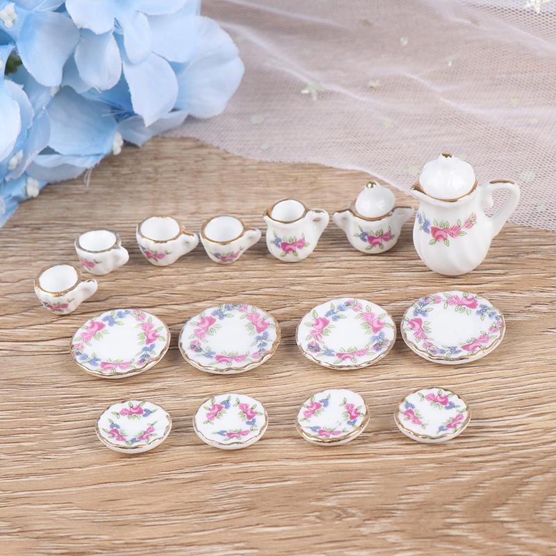 15Pcs Dollhouse Miniature Tableware Porcelain Ceramic Coffee Tea Cups Set Toys