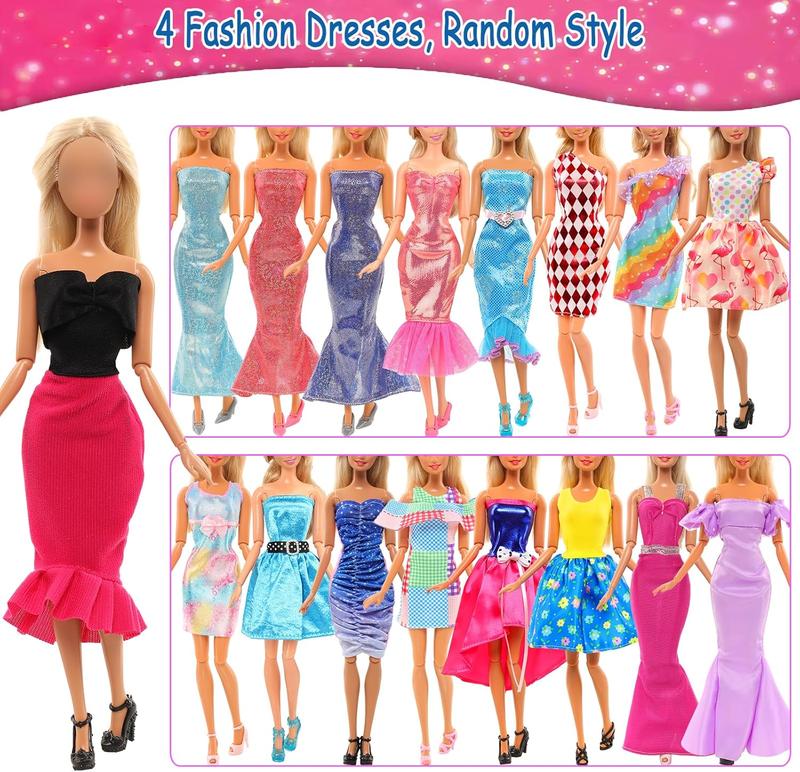 BARWA Lot 36 Items 3 Fashion Dresses 3 Casual Tops and Pants Outfits 6 Pcs Mini Dresses with 1 Bags 10 Shoes, 13 Accessories for 11.5 Inch Girl Doll Birthday Xmas