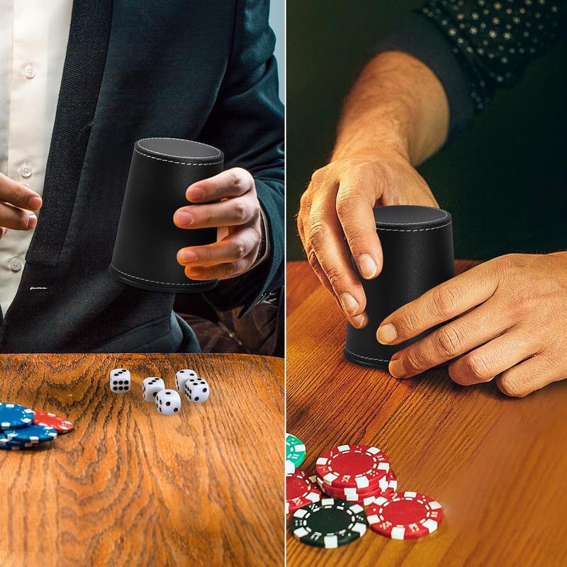 Leather Dice Cup Set, 5 Black Leather Dice Cups + 25 Dice + Exclusive Storage and Transport Case Made of Faux Leather with Magnetic Closure..