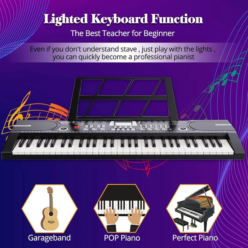 Kids Piano Keyboard, 61 Keys Beginner Electronic Keyboard Portable Digital Music Keyboard, Early Education Music Instrument with Stand & Microphone & Music Sheet Stand