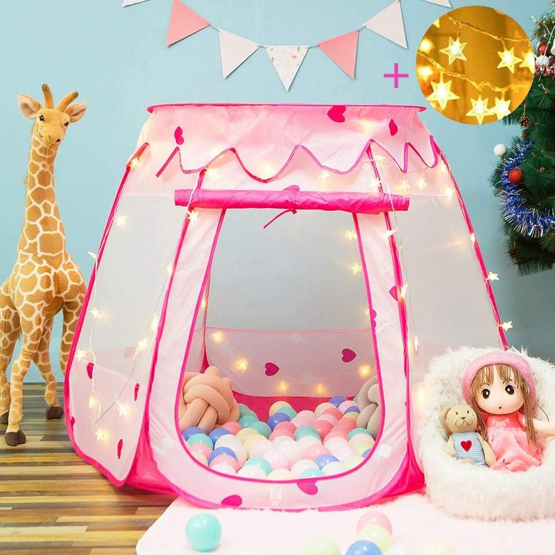 Pink Pop Up Princess Tent with Star Lights - Christmas Gift & Birthday Gift for Toddler Girls, Ball Pit for 1-3 Year Olds, Easy Assembly Baby Toy for 12-18 Months