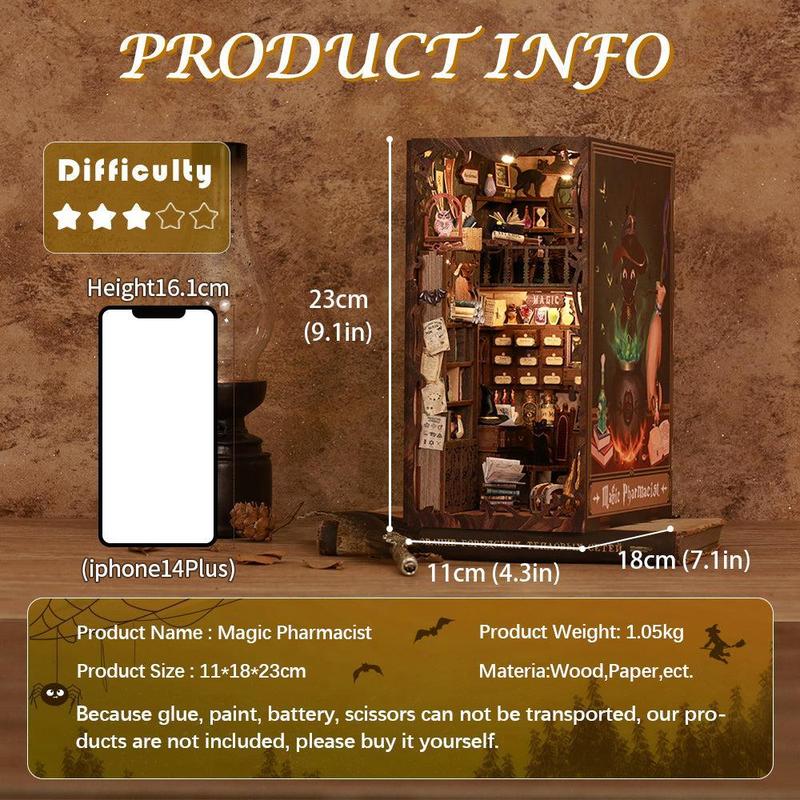 CUTBEE Book Nook Dollhouse DIY Kit with Dust Proof, Crucible, Potion Bottle, Secret Room, Black Cat, Magic Book, Broom, LED Light, Wood DIY Package, Perfect Gift for DIY Enthusiasts and Magic Lovers