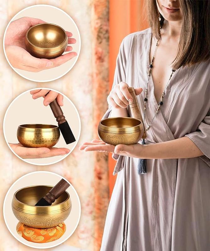 Relaehih Tibetan Singing Bowls Set-Hand-hammered in Nepal Sound Bowl for Meditation, Yoga, Chakra, Meditation Accessories, Unique Gifts for Women, Men (Yellow, 4 inch) pilates  bar