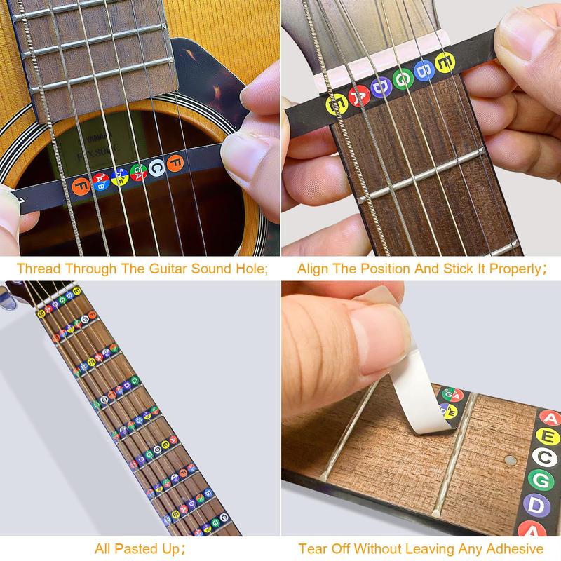 Guitar Fretboard Stickers with Chord Chart - Color-Coded Note Decals for 6-String Guitars + 6 Anti-Slip Picks - Ideal for Learners & Practice