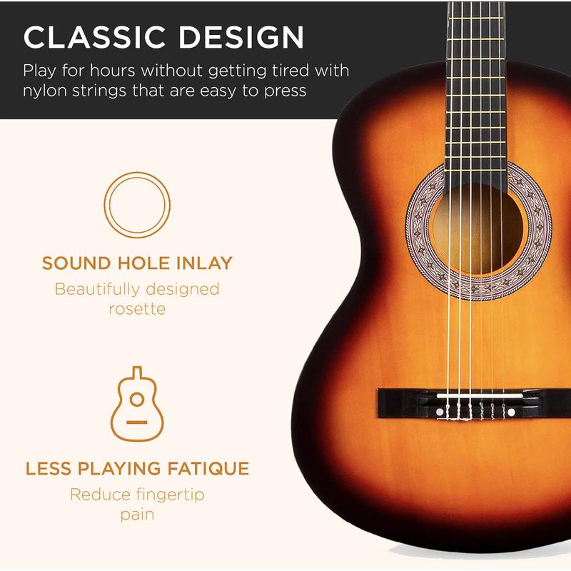 38in Beginner All Wood Acoustic Guitar Starter Kit w Gig Bag, 6 Celluloid Picks, Nylon Strings, Capo, Cloth, Strap w Pick Holder - Sunburst - SUNSET INSTRUMENTS