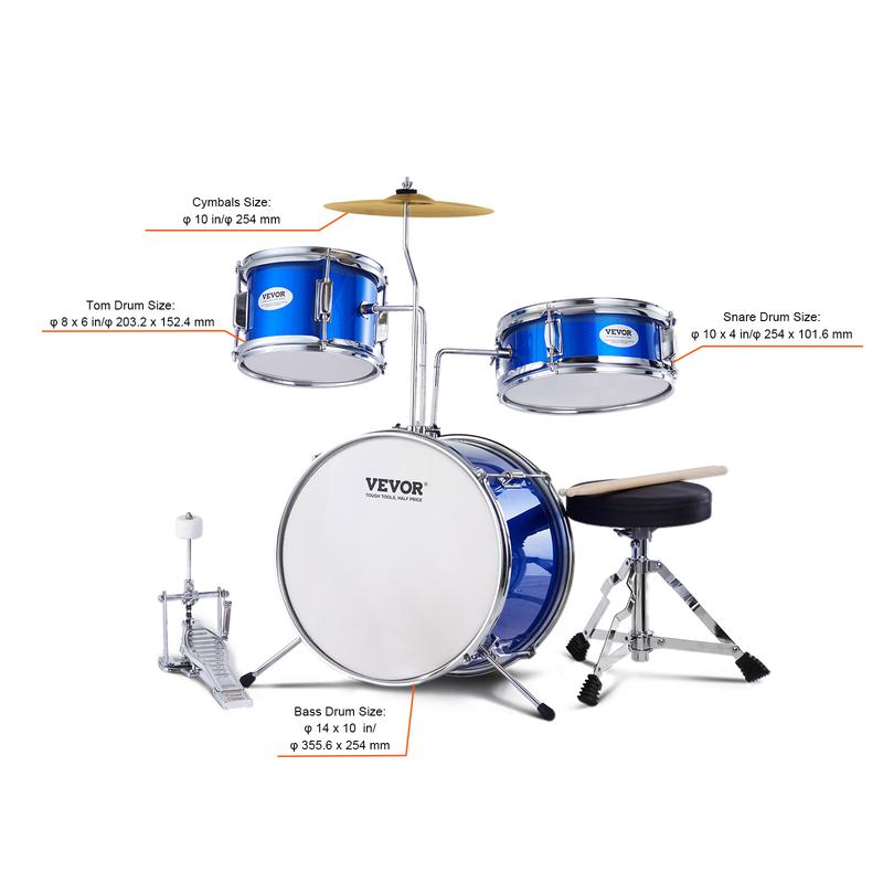 VEVOR Kids Drum Set, 3-Piece, 14 in Beginner Drum Set with Adjustable Throne Cymbal Pedal Two Pairs of Drumsticks, 8'' Tom Drum 10'' Snare Drum 14'' Bass Drum, Starter Drum Kit for Child Kids, Blue