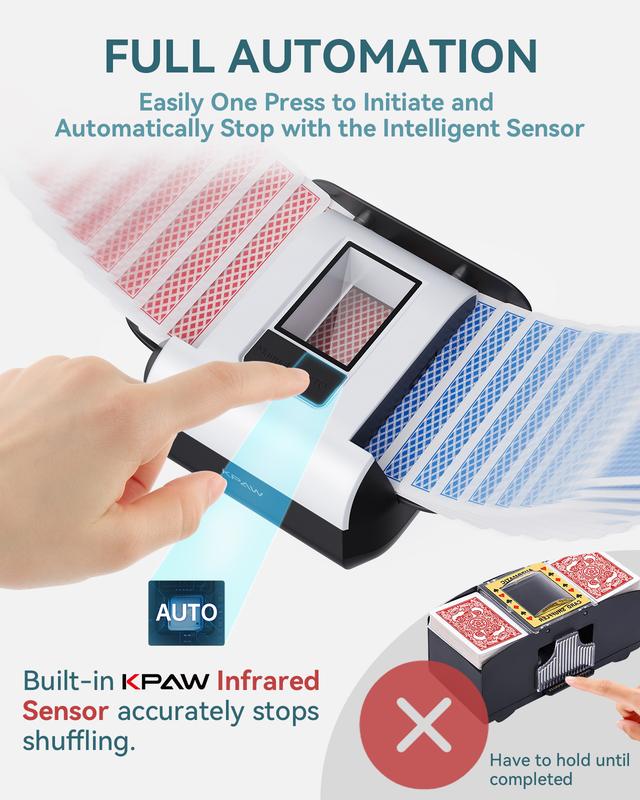 KPAW Automatic Card Shuffler - One-Press AUTO & Manual Mode, Electric Shuffling Machine for 1-2 Decks, Low Noise, Rechargeable & Portable Shuffler Machine, Auto Card Shuffler for Playing Card, Poker, UNO, Blackjack, Skip-Bo, Phase 10, Rummy, Five Crowns