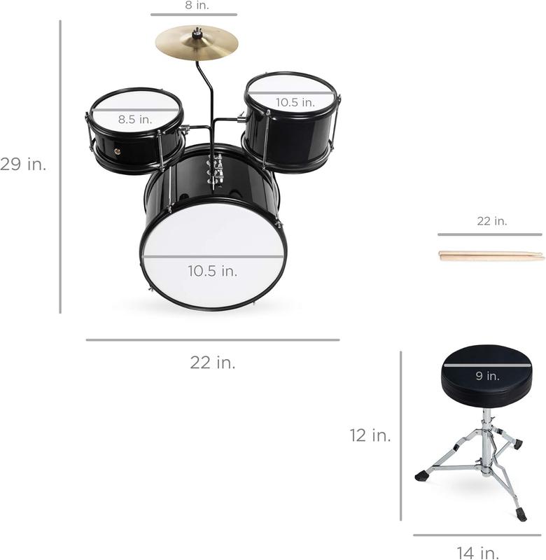 Kids Drum Set 3-Piece Beginner Drum Set Junior Drum Set, w  Throne Stool, Cymbal, Drum Sticks, Bass Drum Pedal, 2 Toms - Red, Blue, Black - GuitarSVietUS