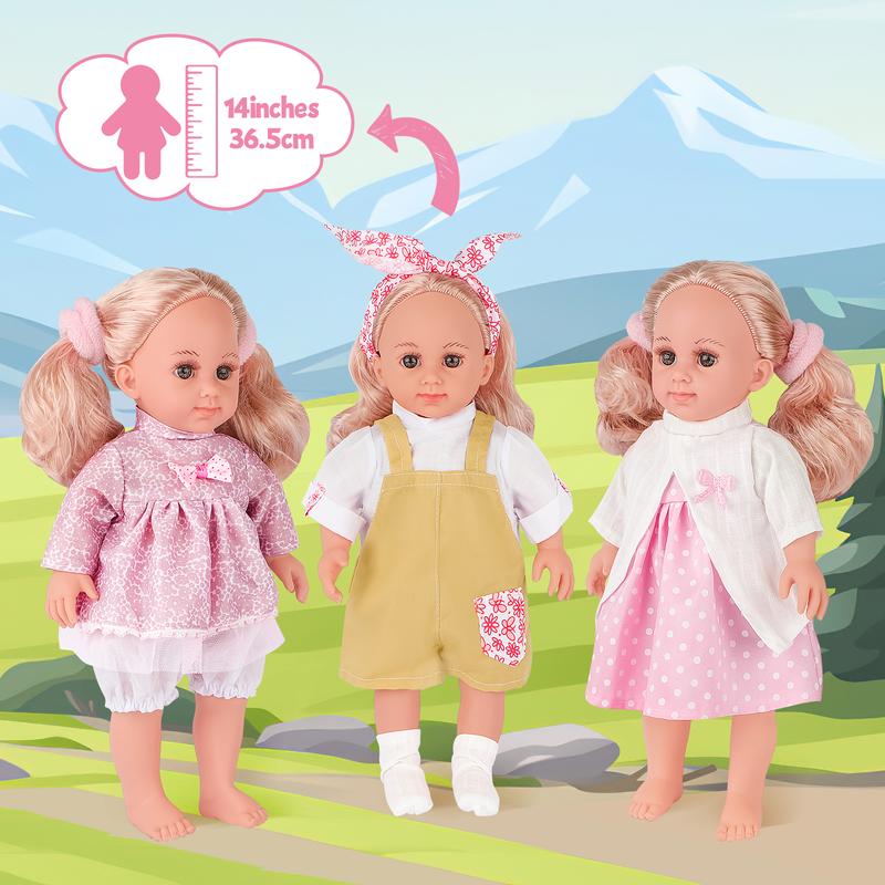 deAO Soft Doll with Clothes 3 types of outfits, perfect doll playset, with glasses and hair brush accessories, Doll with Accessories gift