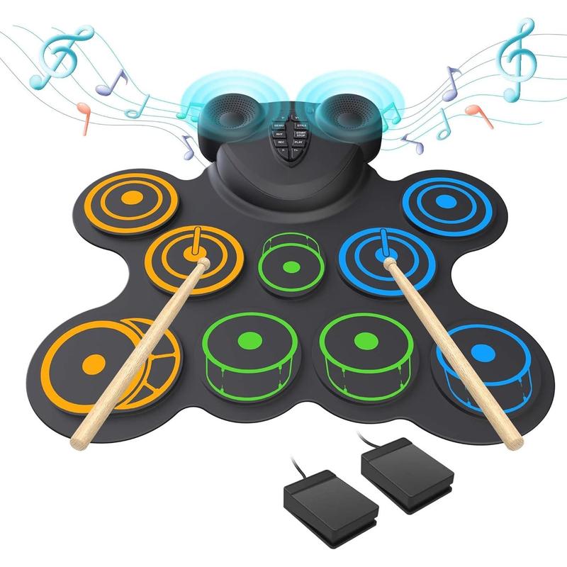 10 Pads Electronic Drum Sets, Drum Practice Pad with Headphone Jack, Built-in 2 Speaker Foot Pedals and Drumsticks, Kids Drum Set Compatible with MIDI Output, Christmas gifts for kids