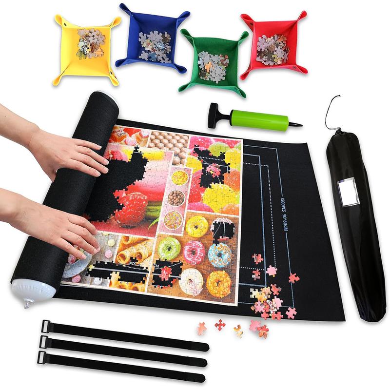 Portable Puzzle Mat, Keeper Up to 1500 Pieces 4 Puzzle Sorting Trays and Roll Up Travel Camping Storage Bag for Kids Family