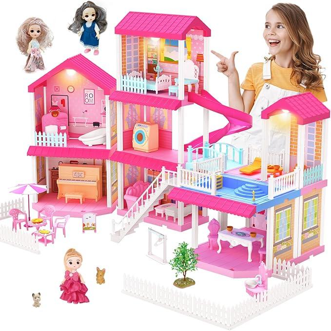 NEOBIOO  Doll Girls House, Girls DIY Building House Toy, Including Pool, Slide, Furniture and Accessories, Suitable for Children Over 3 Years Old Christmas Gifts