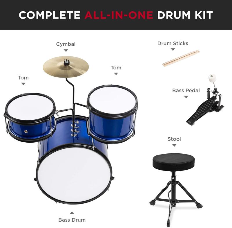 Kids Drum Set 3-Piece Beginner Drum Set Junior Drum Set, w  Throne Stool, Cymbal, Drum Sticks, Bass Drum Pedal, 2 Toms - Red, Blue, Black - GuitarSVietUS