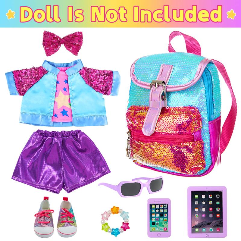 10 Pcs American 18 Inch Doll Accessories, 3-piece 18 Inch Doll Clothes Set with Doll Shoes, Hair Clip, Gradient Backpack, Bracelet, Sunglasses, Notebooks, Toy Tablet