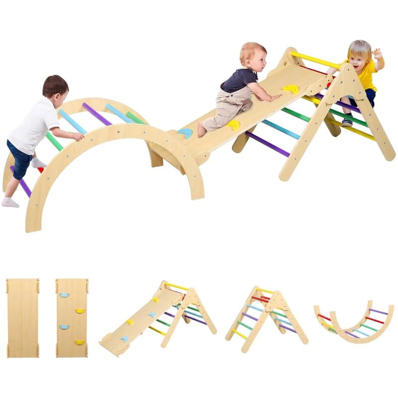 Pikler Triangle Set, 5 in 1 Kids Wooden Montessori Climbing Toys, Arch Climber, Rocker, Climbing & Sliding Ramp, Climbing Triangle, Indoor Outdoor Playground Gym Set for Toddlers