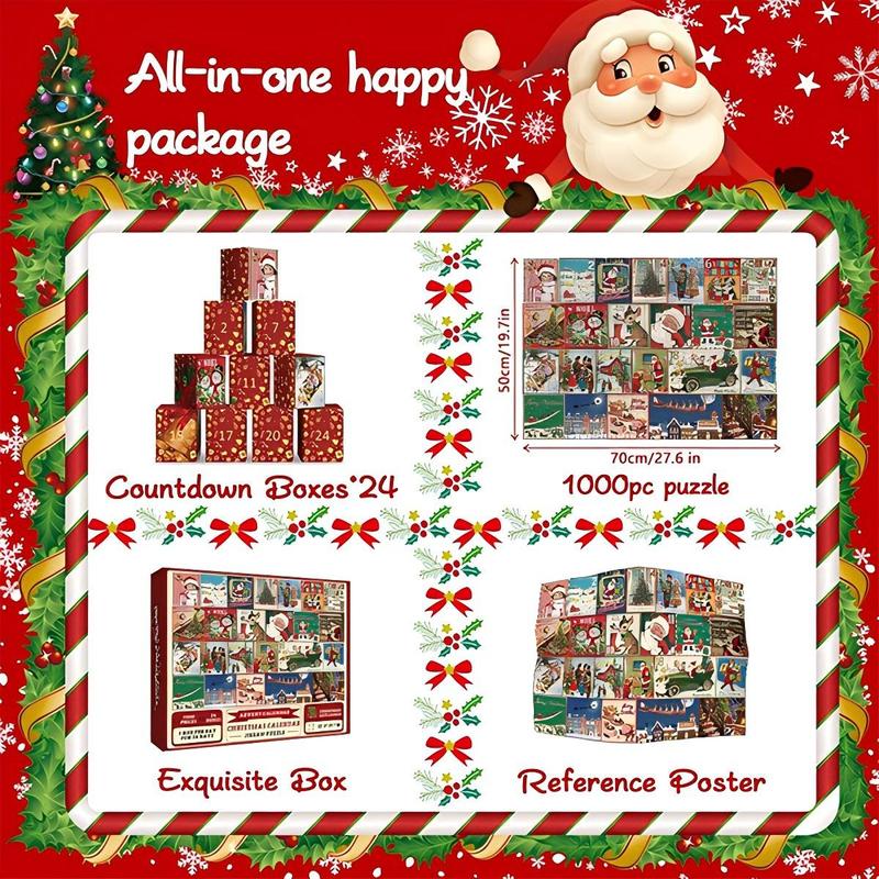 Christmas Advent Calendar Puzzle 1000 PCS for Adult, Christmas Countdown Calendar 2024 Jigsaw Puzzle, Holiday Santa Puzzle with 24 Boxes Advent Calendar