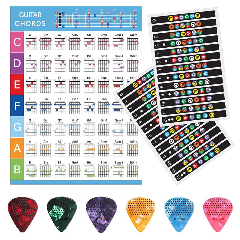 Guitar Fretboard Stickers with Chord Chart - Color-Coded Note Decals for 6-String Guitars + 6 Anti-Slip Picks - Ideal for Learners & Practice