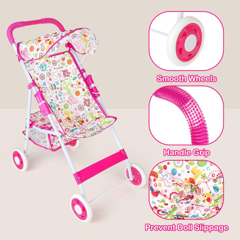 deAO Doll Stroller Set Doll Accessories with Feeding Bottle Simulated Juice Milk and Rattle Toy Foldable Doll Stroller,for 12in 14in 16in Doll