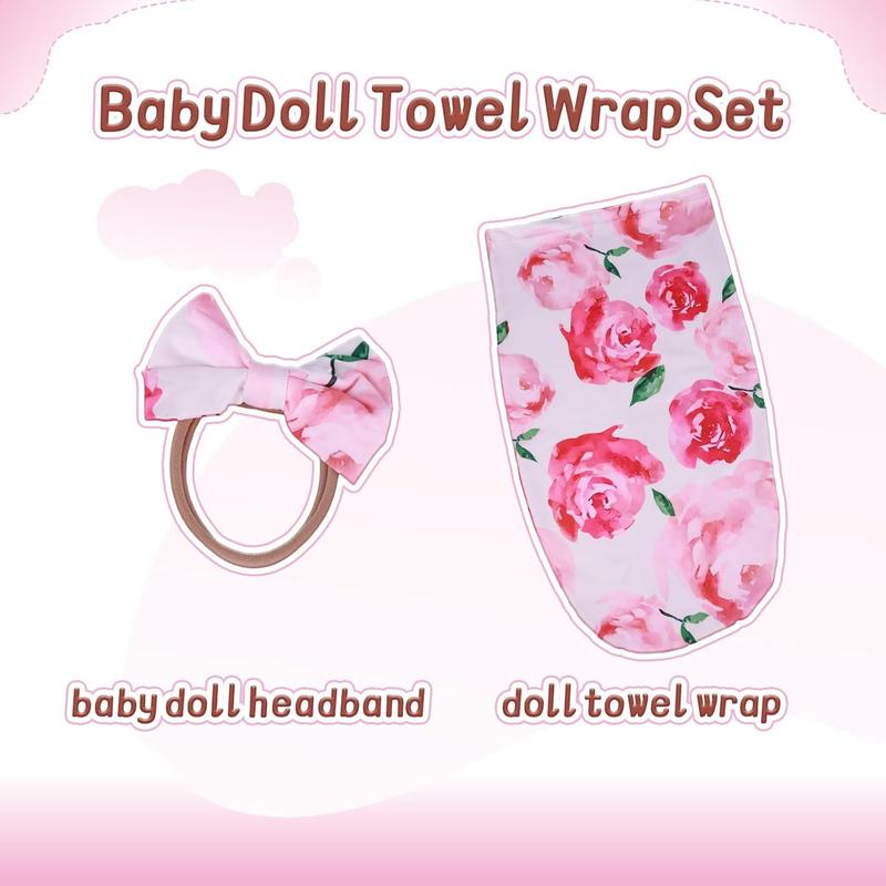 Reborn Baby Doll Blanket with Doll Headband for 17-22 Inch Babydolls, Baby Doll Accessories Baby Doll Wrap Towel Set for Realistic Baby Dolls Girl, Pink Floral Pattern