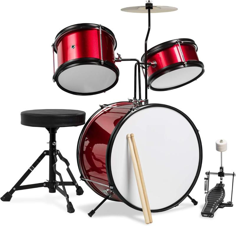 Kids Drum Set 3-Piece Beginner Drum Set Junior Drum Set, w  Throne Stool, Cymbal, Drum Sticks, Bass Drum Pedal, 2 Toms - Red, Blue, Black - GuitarSVietUS