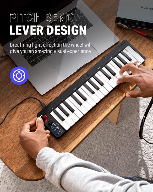 Donner N-32 32-Key USB MIDI Keyboard Controller with Screen, Sequencer, Chord, Bend Sound Effects By Light-up Joystick for Mac PC, Music Production Software, 40 Teaching Courses