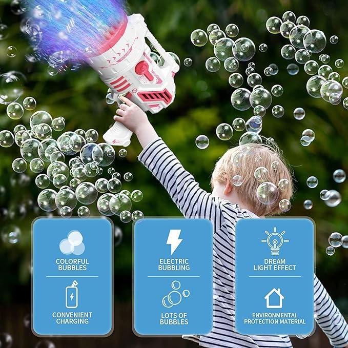 [Hot Sale in Hot Summer] Bubble Machine 69 Holes with Colorful Lights,Bubblegun Machine for Kids and Adults, Suitable for Parties, Gatherings, Camping, Weddings (Include 2 Bottles of Bubble Solution) bubbletoy