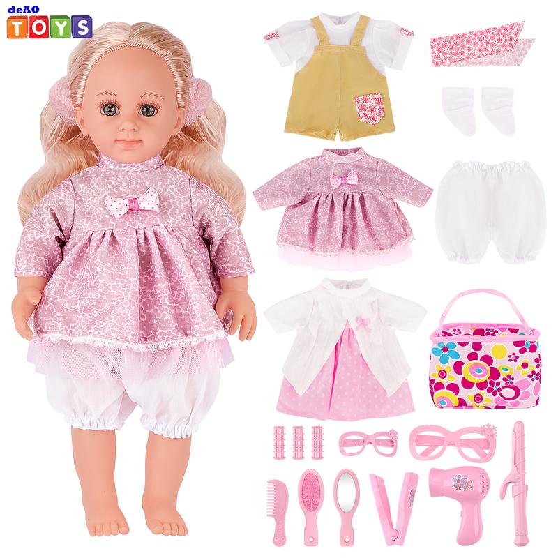 deAO Soft Doll with Clothes 3 types of outfits, perfect doll playset, with glasses and hair brush accessories, Doll with Accessories gift