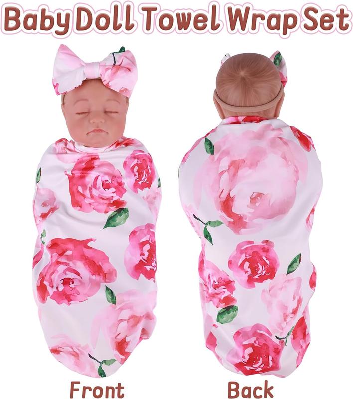 Reborn Baby Doll Blanket with Doll Headband for 17-22 Inch Babydolls, Baby Doll Accessories Baby Doll Wrap Towel Set for Realistic Baby Dolls Girl, Pink Floral Pattern