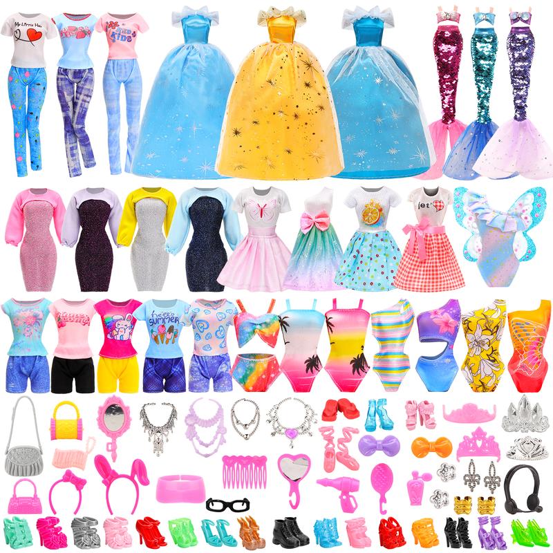 BARWA 59 PCS Girl Doll Clothes and Accessories for 11.5 Inch Doll Butterfly Swimsuit Bikini Wings Mermaid Tail Outfit Wedding Dress Fashion Top and Pants 40 Accessories 10 Pairs of High Heels Shoes