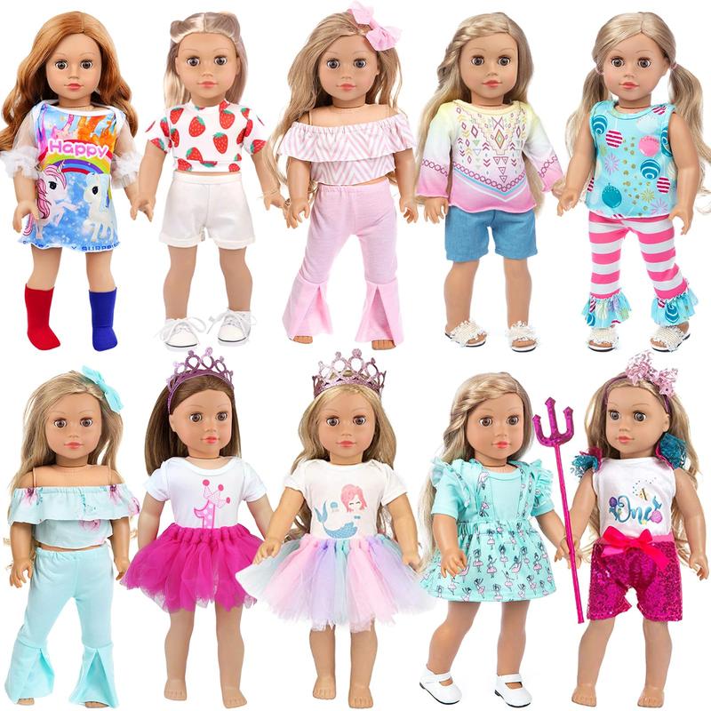 10 Doll Clothes Set Pajama Dress Hair Clips For 18 Inch Girl Doll (No Doll)