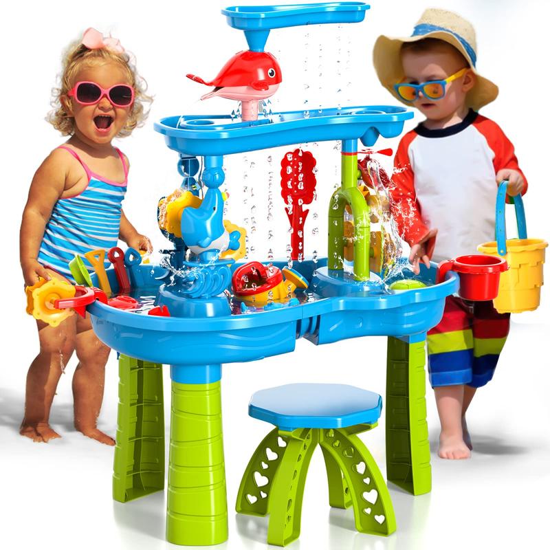 Beach Table Toys,3 Tier Outdoor Water Sand Table,Interactive Game Water Table,Beach Backyard Activity Table,Seaside Beach Summer Outdoor Toys,Multi Accessories Set