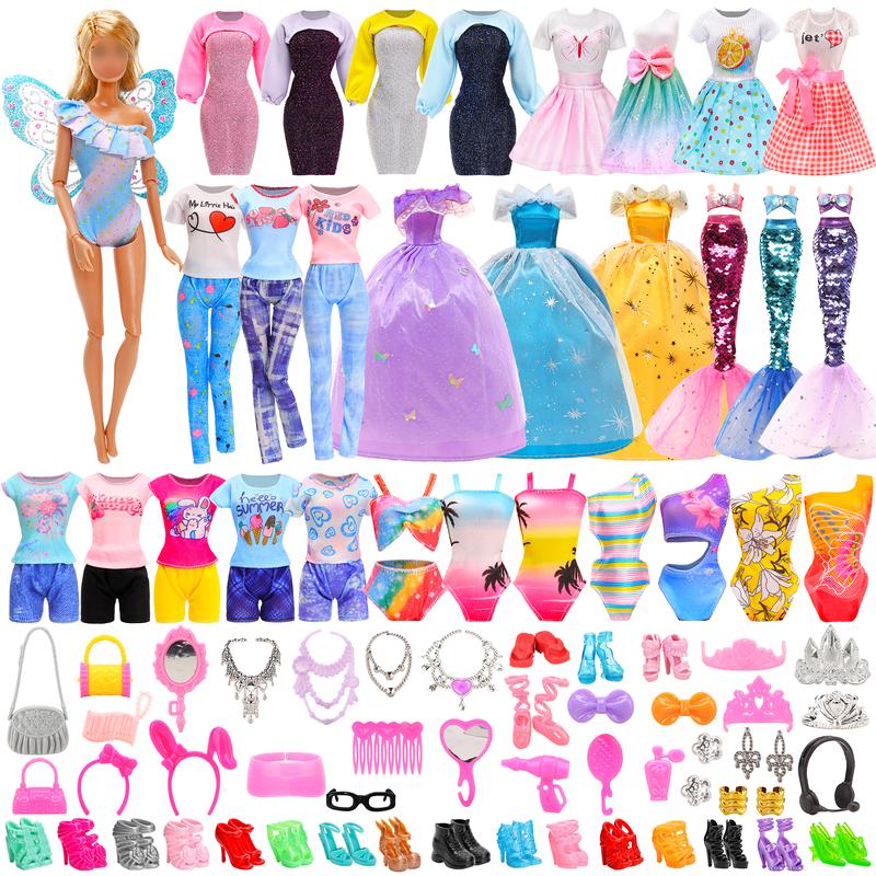 BARWA 59 PCS Girl Doll Clothes and Accessories for 11.5 Inch Doll Butterfly Swimsuit Bikini Wings Mermaid Tail Outfit Wedding Dress Fashion Top and Pants 40 Accessories 10 Pairs of High Heels Shoes