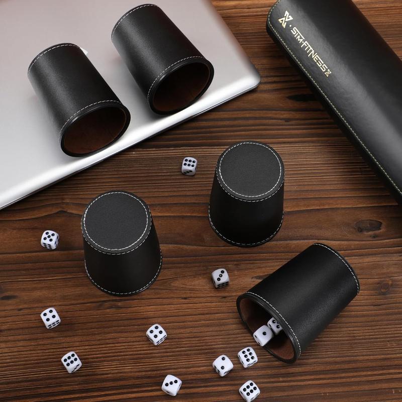 Leather Dice Cup Set, 5 Black Leather Dice Cups + 25 Dice + Exclusive Storage and Transport Case Made of Faux Leather with Magnetic Closure..