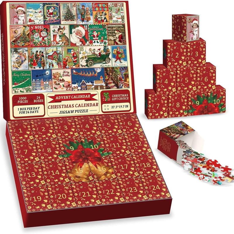 Christmas Advent Calendar Puzzle 1000 PCS for Adult, Christmas Countdown Calendar 2024 Jigsaw Puzzle, Holiday Santa Puzzle with 24 Boxes Advent Calendar