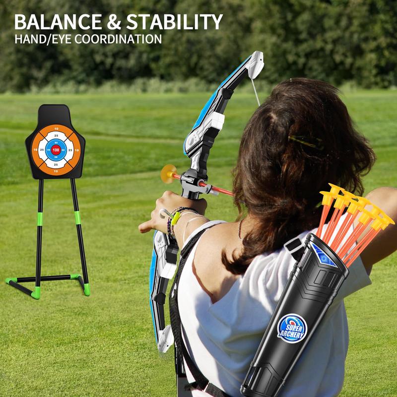 Bow and Arrow Set ,  Archery Set with LED Lights includes 10 Suction Cup Arrows, Quivers & Standing Target, Outdoor Toys for