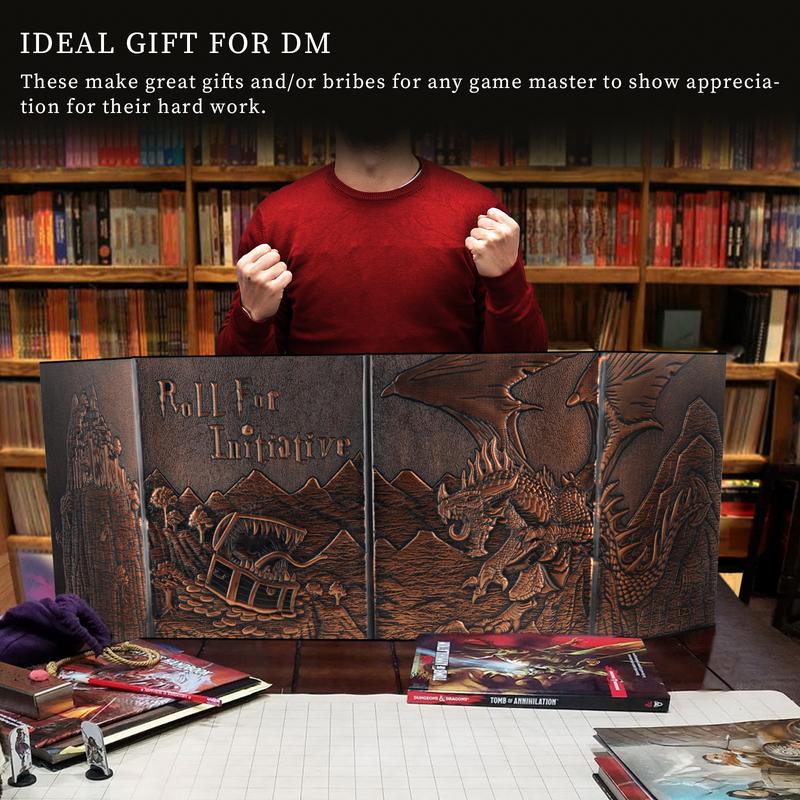 DND Dungeon Master Screen Faux Leather Embossed Dragon & Mimic, Four-Panel with Pockets DM Screen for Dungeons and Dragon, Pathfinder, D&D