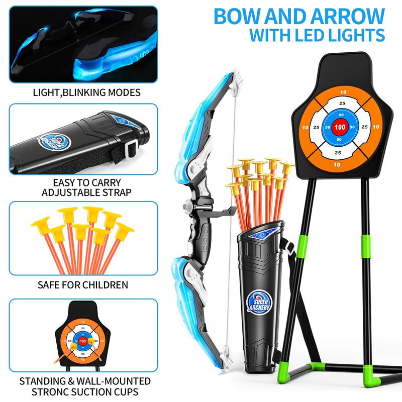 Bow and Arrow Set ,  Archery Set with LED Lights includes 10 Suction Cup Arrows, Quivers & Standing Target, Outdoor Toys for