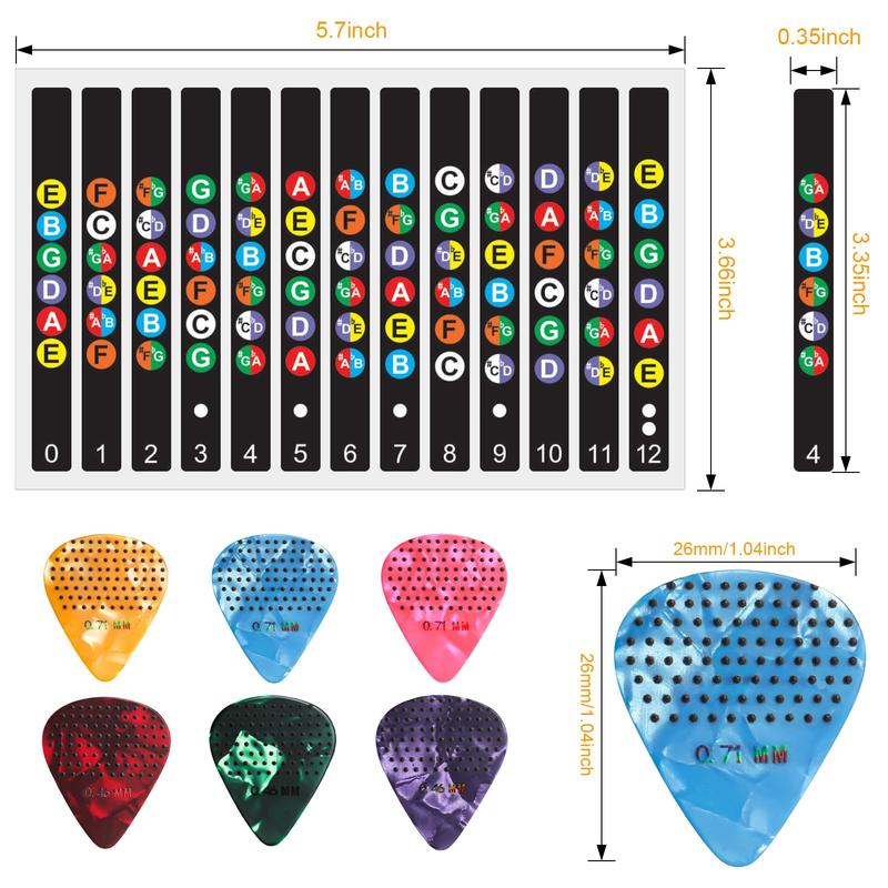 Guitar Fretboard Stickers with Chord Chart - Color-Coded Note Decals for 6-String Guitars + 6 Anti-Slip Picks - Ideal for Learners & Practice