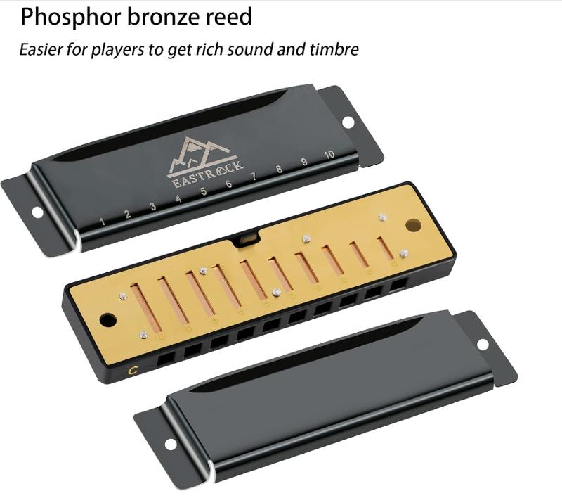 EastRock Blues Harmonica Mouth Organ 10 Hole C Key with Case, Diatonic Harmonica for Professional Player, Beginner, Students gifts, Adult, Friends, Gift Black